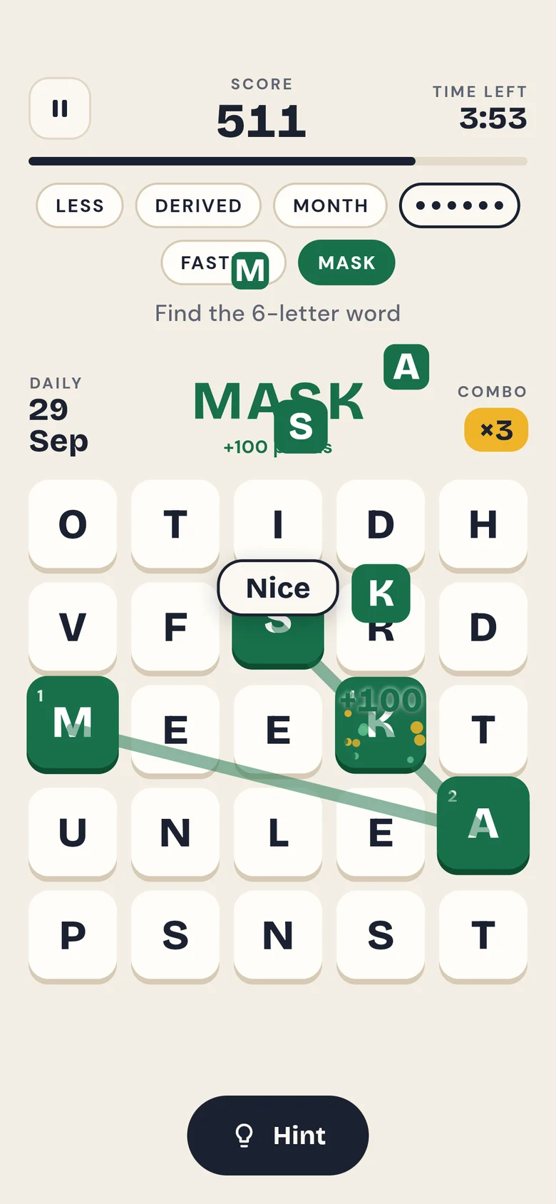 A found word glowing green with a ×3 combo
