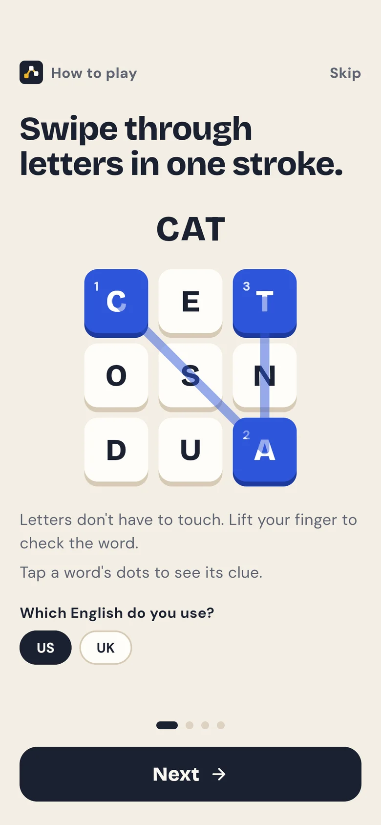 How to play: swipe through letters in one stroke